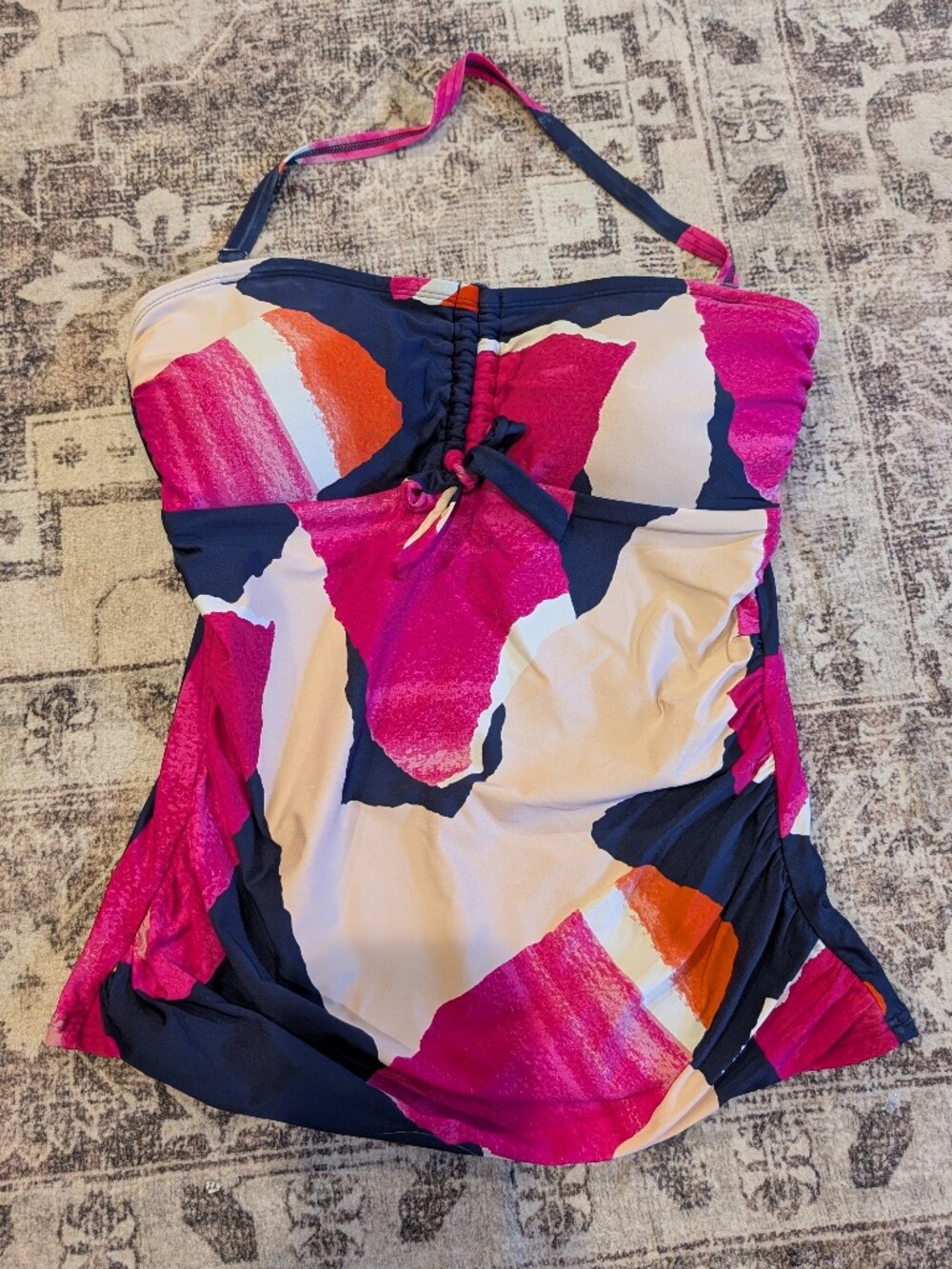DKNY Bandeau Halter Tankini with Pink, Cream & Navy Abstract Print